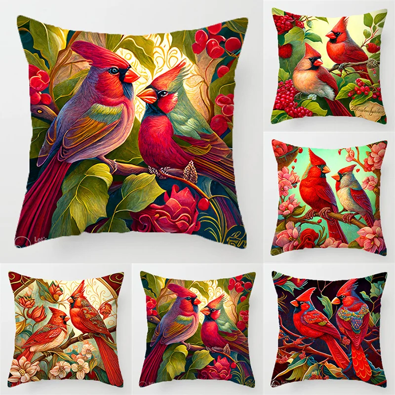 Bird, flower and parrot pattern throw pillow cover with short plush print for living room sofa decoration cushion cover