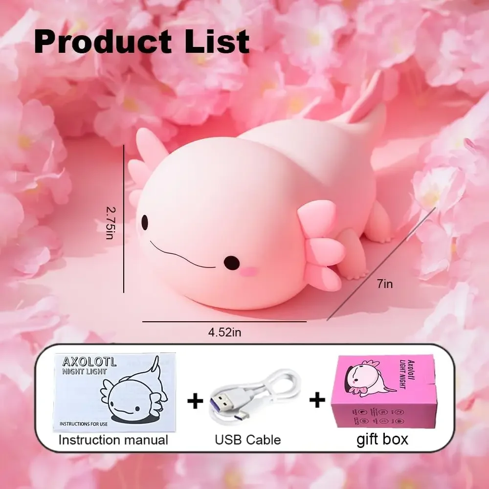 Cute Axolotl Night Light , Animal Silicone Night Lamp Touch Control Nightlights Rechargeable Bedside Lamp for Baby Children Gift