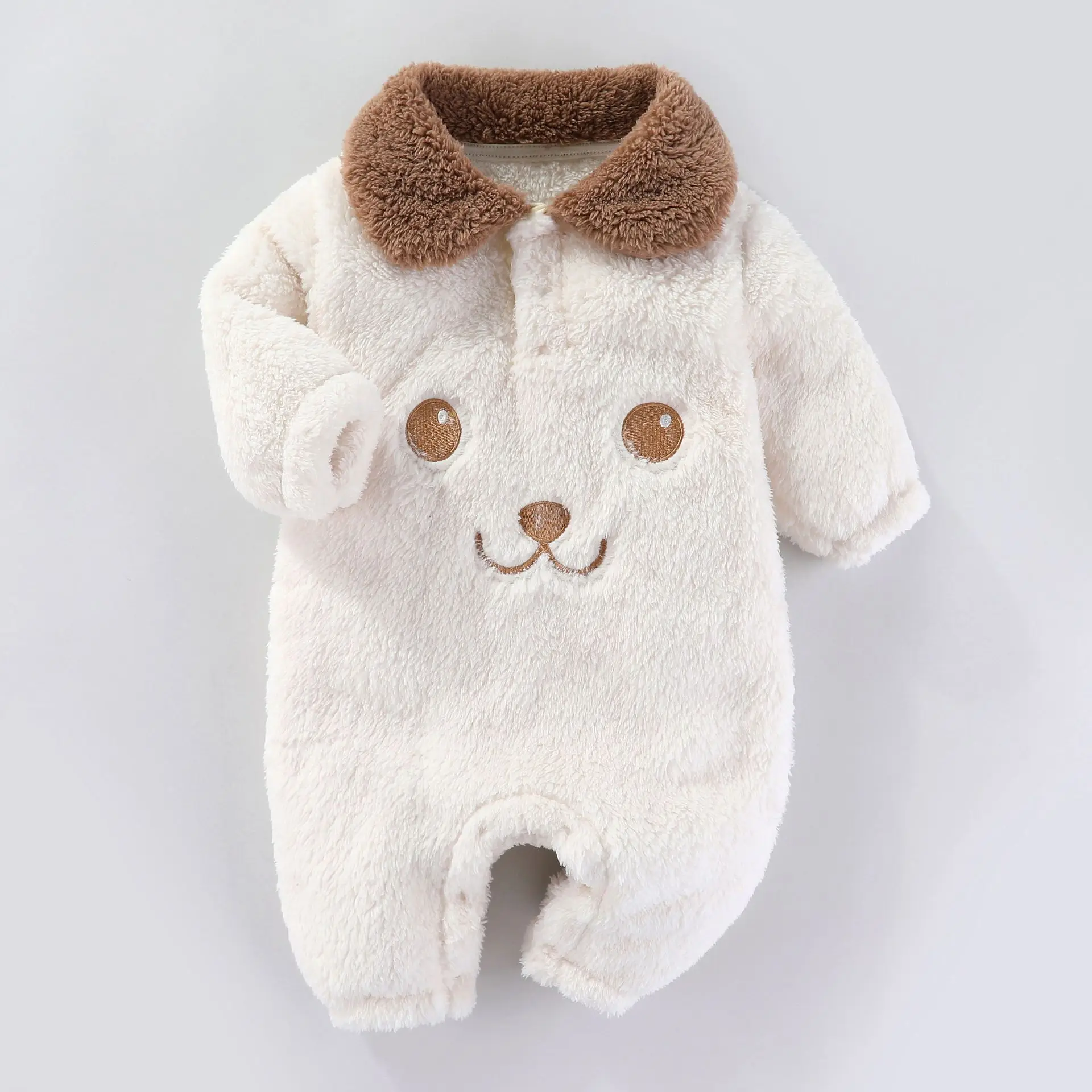 UNIFEMEN Autumn Winter Baby Boys Jumpsuit Fleece Cartoon Bear Turndown Collar Warm Newborn Boys Bodysuit Infant Boy Outerwears