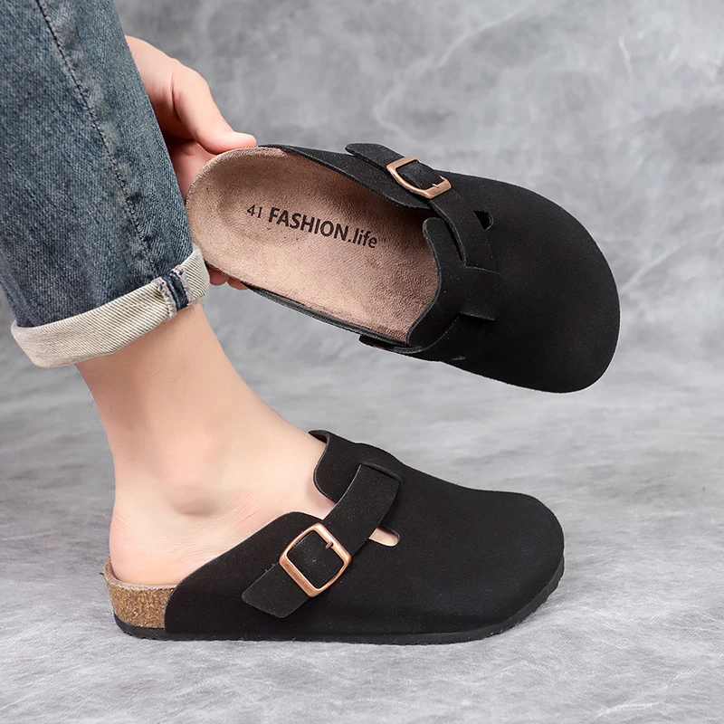 

New Suede Slippers for Men Retro Comfortable Cork Round Toe Platform Mules Men Outdoor Non-slip Walking Shoes Flat Slippers