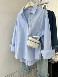 Chemisier boutonné à manches longues pour femmes, chemise surdimensionnée vintage, streetwear élégant, bureau décontracté, blanc et bleu