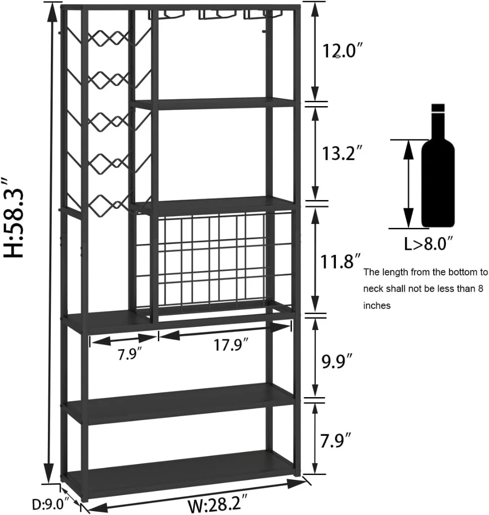 Armoire de bar à vin haute, armoire française industrielle à 5 niveaux avec porte-verre et rangement du vin, armoire de café en métal de ferme