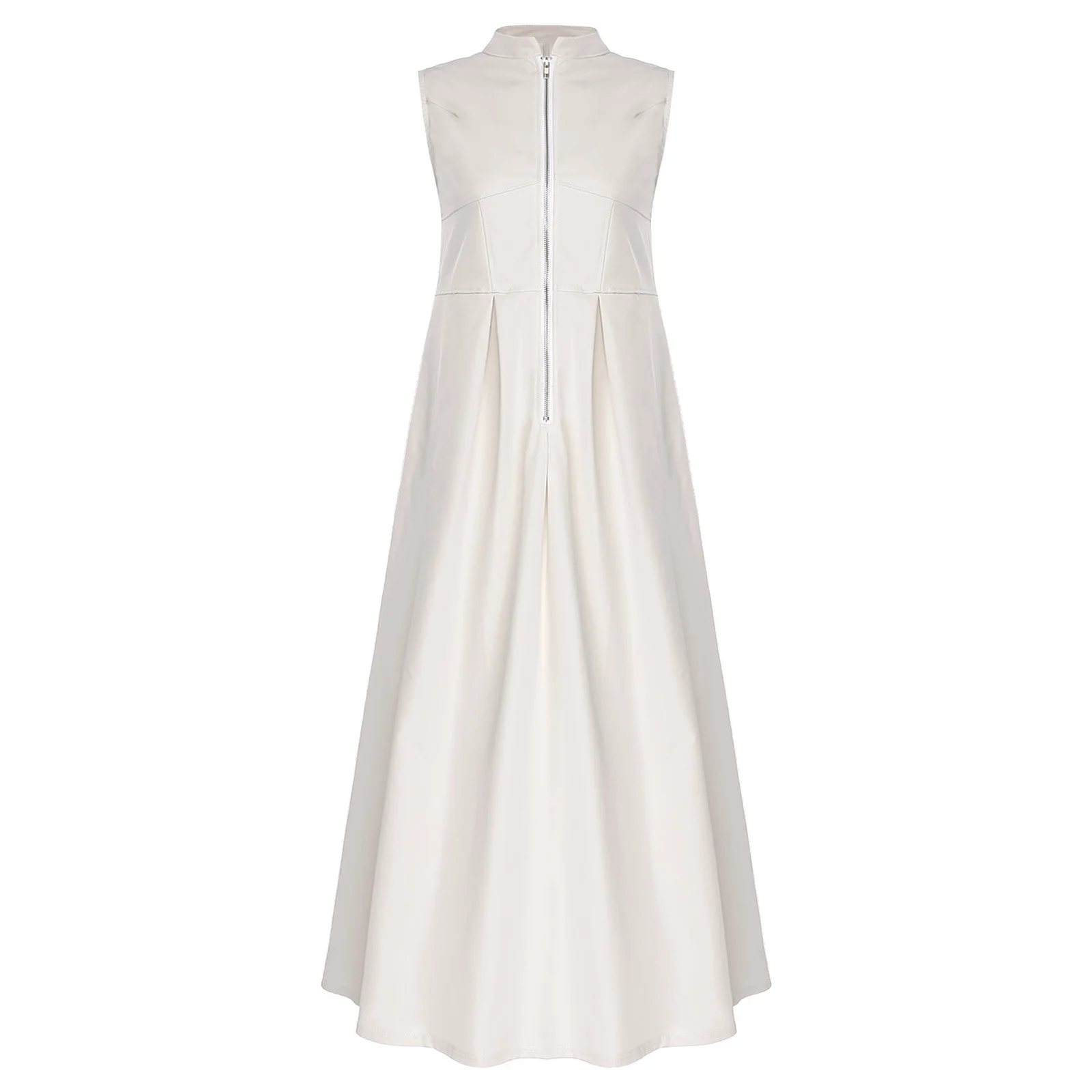فستان نسائي طويل بسحاب أمامي وظيفي مع رقبة وهمية وجيوب جانبية، تصميم مصقول بدون أكمام للتسوق والارتداء اليومي