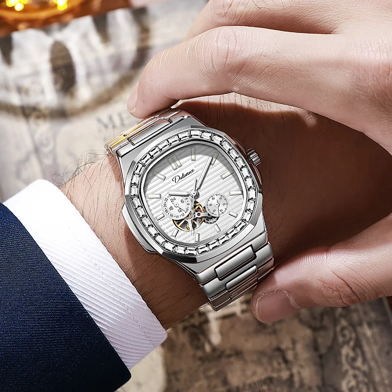 Stainless Steel Nautilus Skeleton Solid Steel Band Luminous Waterproof Self-Wind Automatic Mechanical Watch for Men