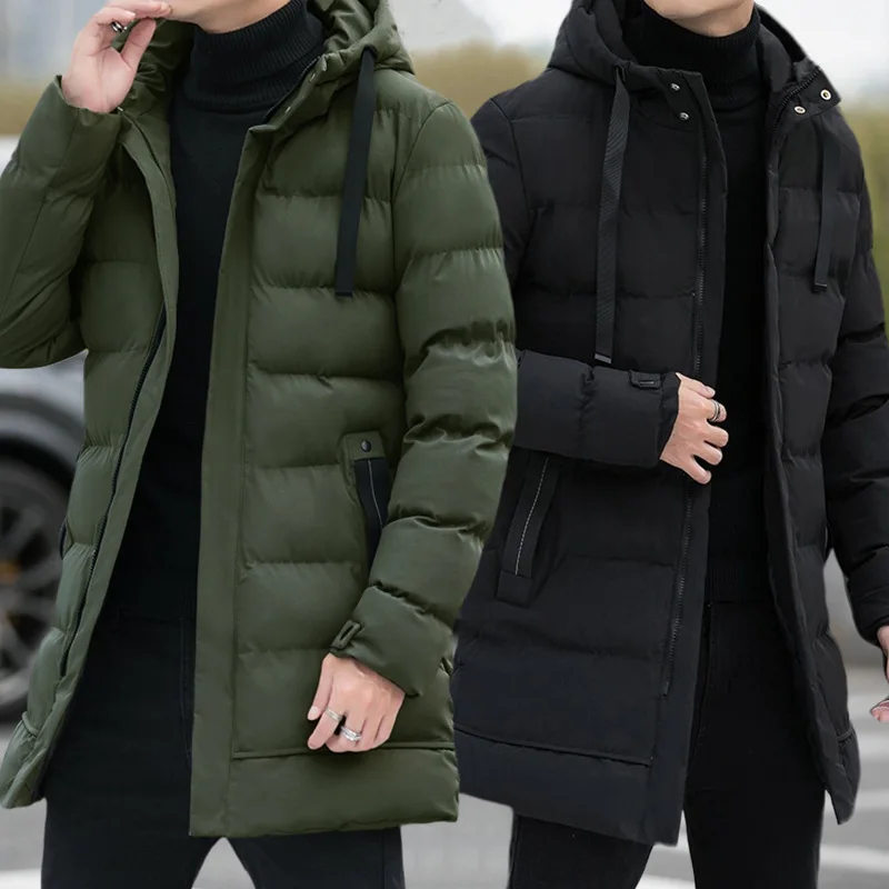 2026 New Fashion Winter Men’s Solid Color Simple Basic Casual Trendy Hooded Long Sleeve Quilted Jackets Male Clothes Long Coat