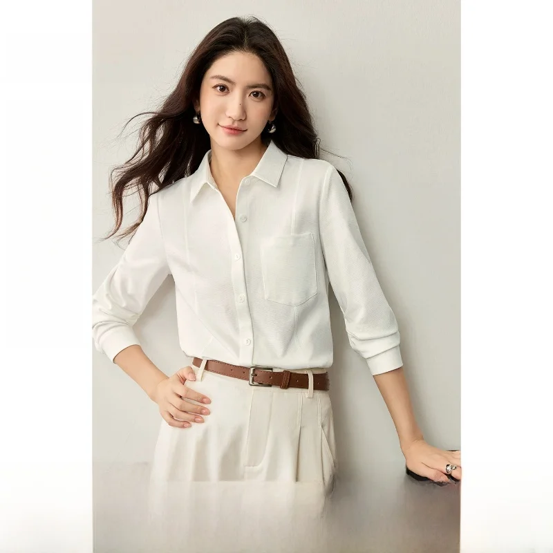

Ele Commuter Knitted Long Sve irt for Women Turn-down Collar Single Button hine Stitch Ultra Elastic Polyester Blend
