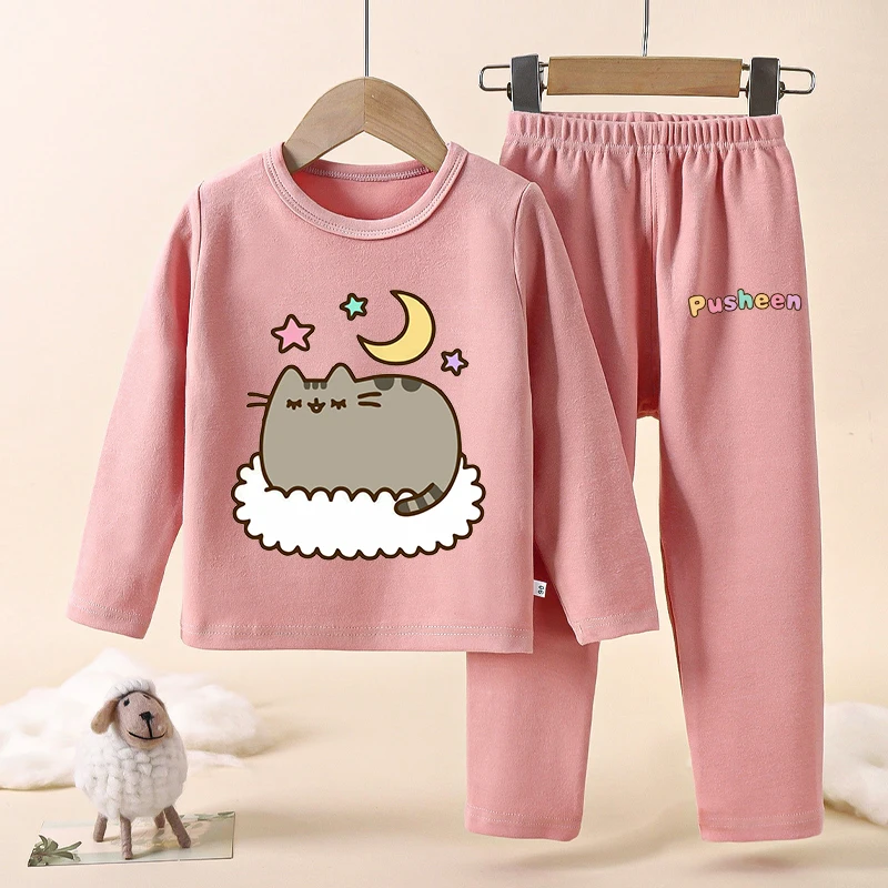 Pusheens Cute Pajamas Pants Set Girls Winter Warm Home Clothes Kids New Anime Cat Nightwear Trousers Children Long Sleeves Gift