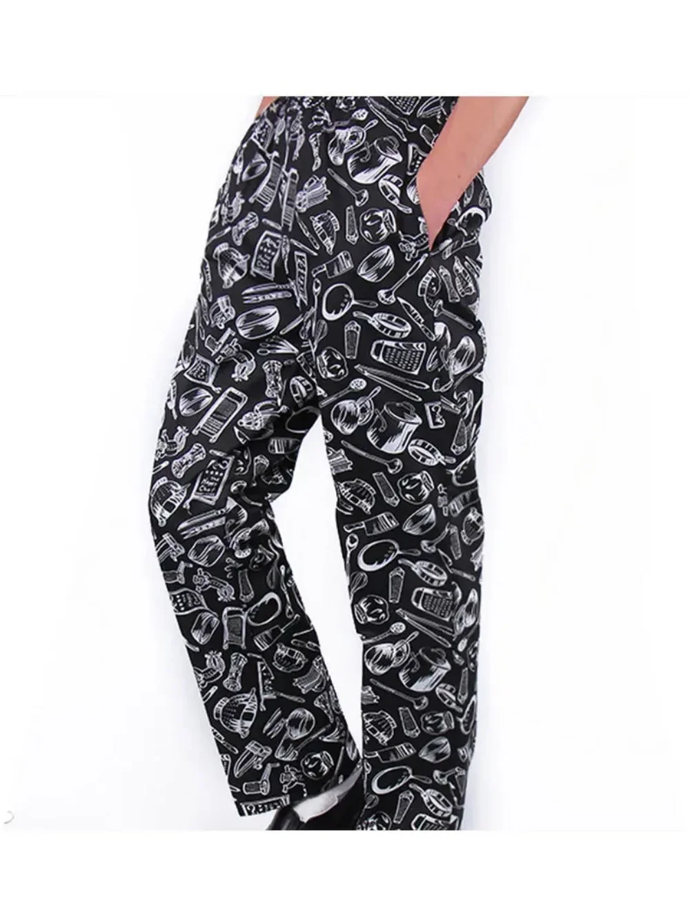 Calças Elásticas do Chef Striped, Calças de Trabalho Garçom Preto, Uniformes Chef Service, Hotel e Restaurante