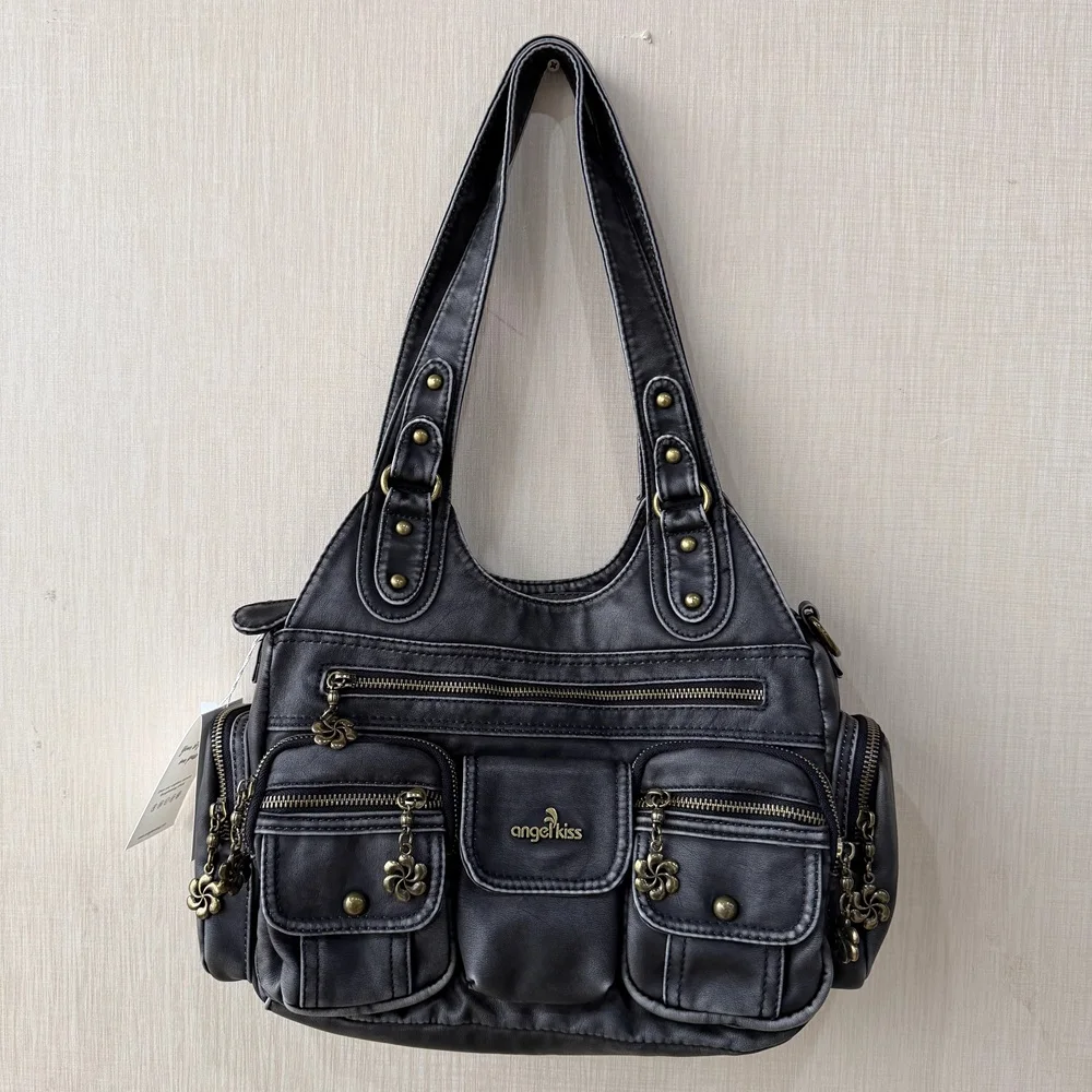 

Women's Y2K Washed Leather Hobo Handbag Angelkiss Distressed Black Shoulder Bag with Multiple Compartments Antique Gold Hardware