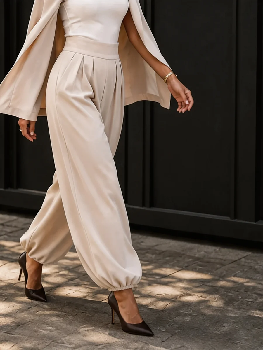 Chic Women Pleated Balloon Pants High Rise Wide Waistband Baggy Trousers with Elastic Cuffs Black Brown