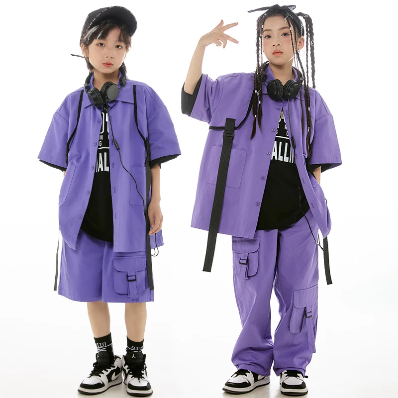 Purple Hip Hop Dance Clothes For Teen Kids Loose Shirt Pants Short Sleeves Boys Street Dance Girls Jazz Performance Suit BL12877