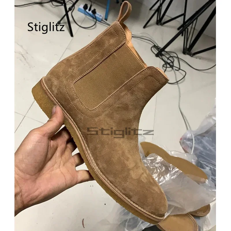 Suede Leather Winter Chelsea Boots for Men Round Head Camel Leather High Top Elastic Ankle Boots Casual Business Men's Shoes