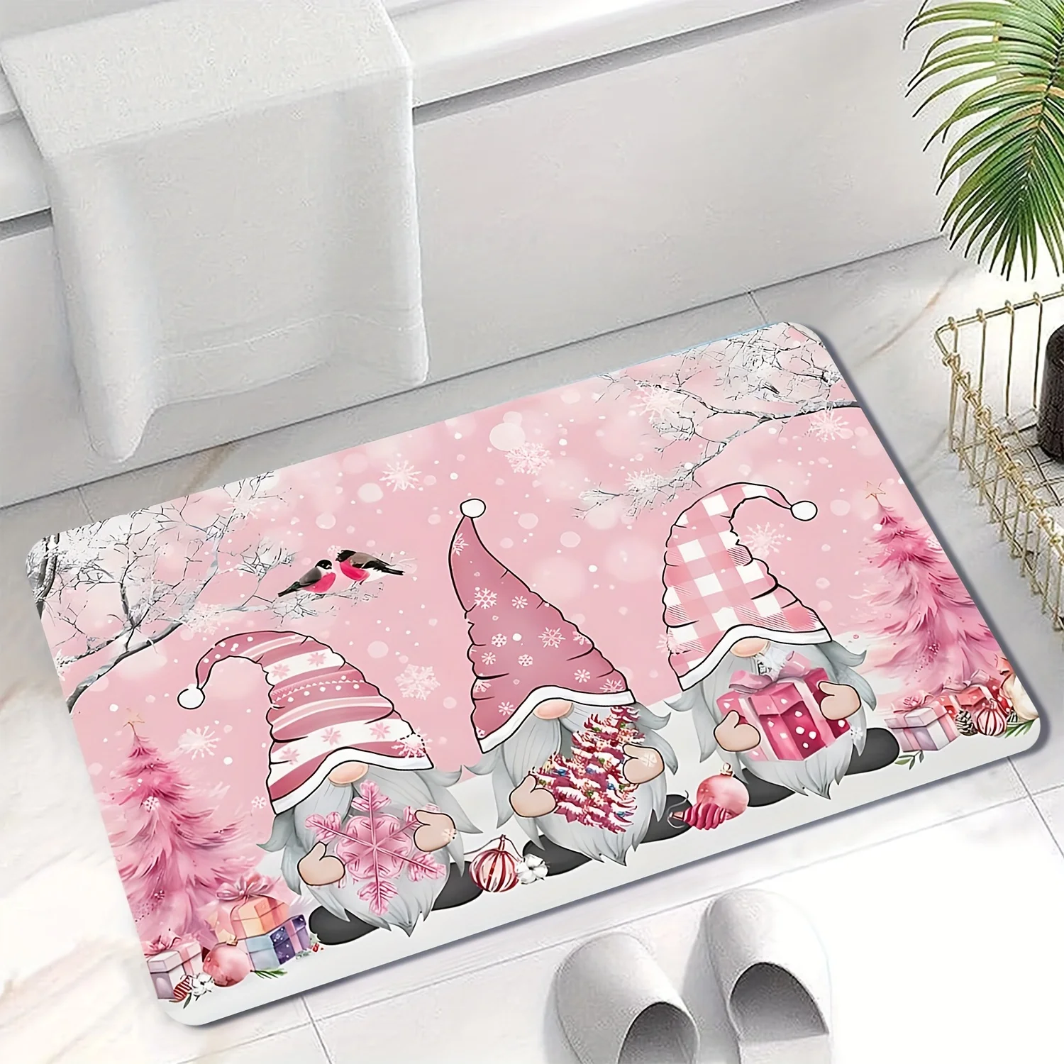 Pink Gnome Pine Tree Christmas Mat,Non-Slip Absorbent Machine Washable Polyester Rug for Indoor Outdoor Multi-Room Holiday Decor