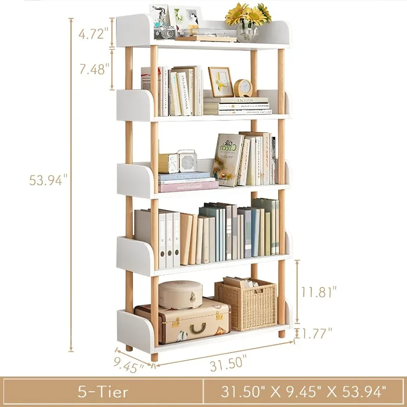 5-Tier Wooden Open Bookcase - Modern Display Bookshelf with Side Panels and Solid Wood Frame for Home and Office, Shelf