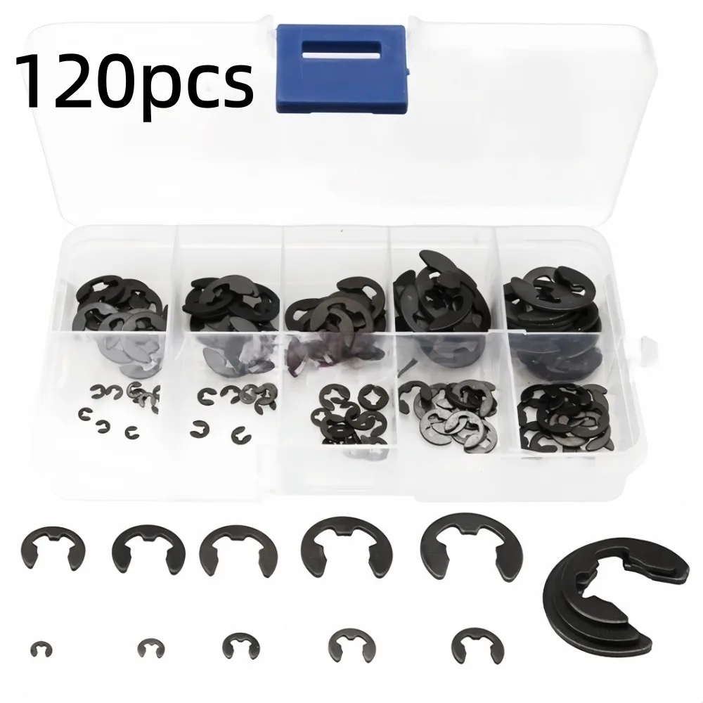 120pcs Black Manganese Steel Fixed Ring Shaft Clamp E-type Washer Combination Set M1.5-M10 Universal Shaft Fastener Accessories
