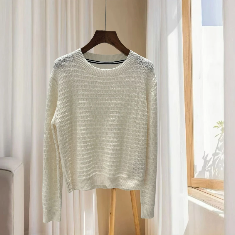 

Women 2024 Autumn and Winter New Crochet Texture Unbuttoned Soft Waxy Casual Round Neck Pullover Sweater