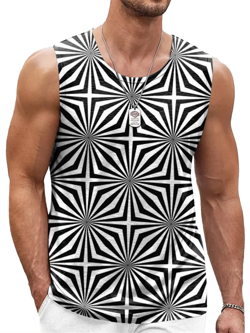 Mens Retro Geometric 3D Printed Tank Top Summer Casual Crew Neck Fashion Trend Sleeveless Vest Loose Breathable Sports Tops image 3