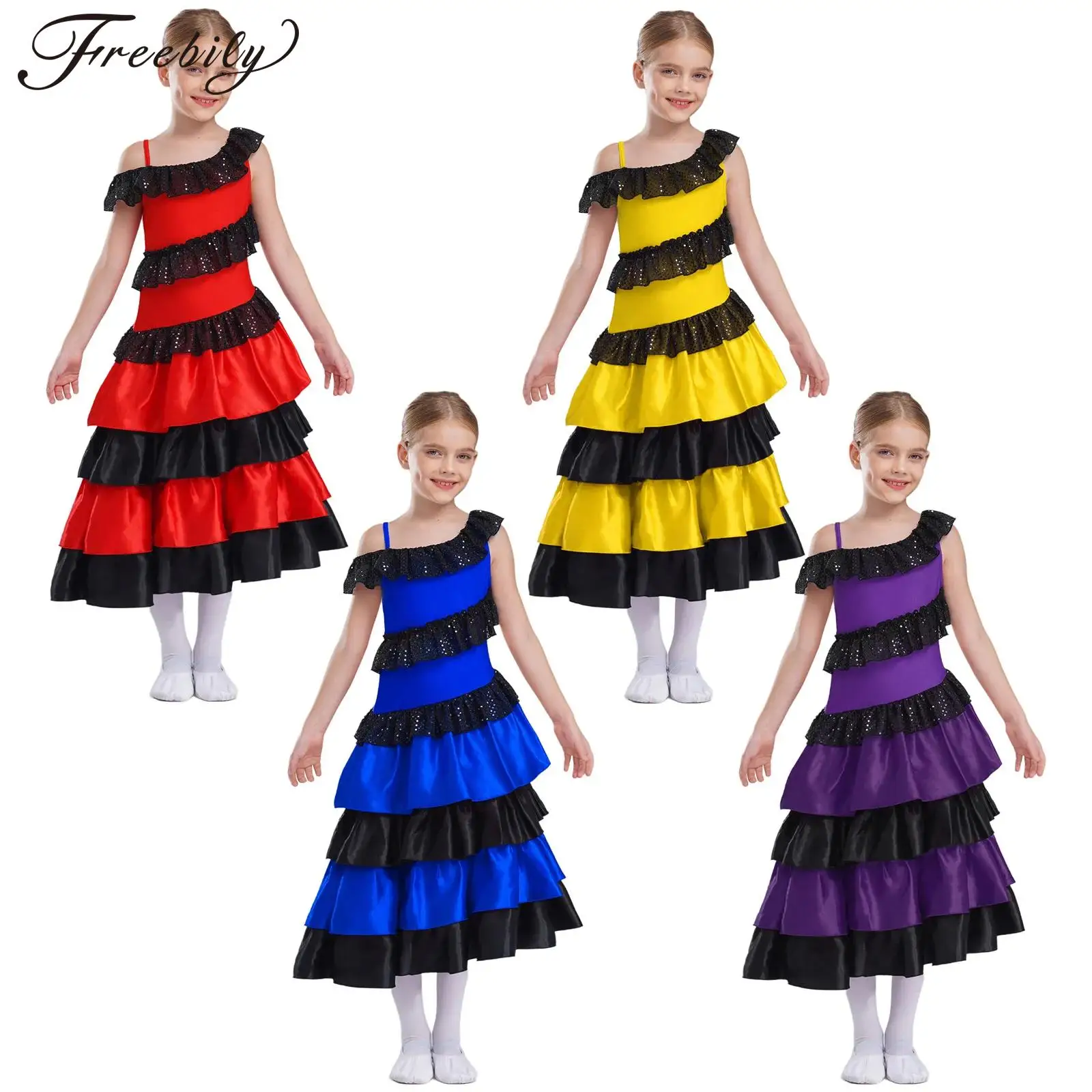 ชุดเดรสเต้นฟลาเมงโกสำหรับเด็กผู้หญิง ชุดแสดงลาติน ปาโซ ดับเบิล บอลรูม สไตล์สเปน แบบเปิดไหล่ แต่งระบายชั้นๆ ผ้าซาติน