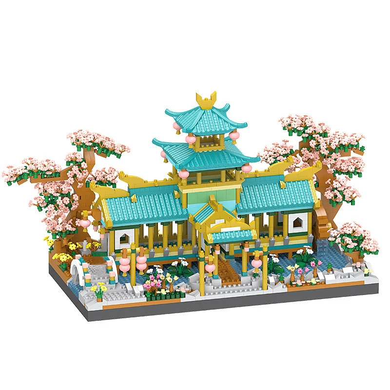 3D Mirco Retro Chinese Style Countyard Architecture Building Block Idea Street View Flower Garden Decor Bricks DIY Toys Gifts