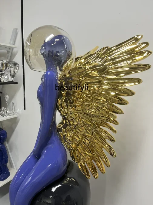 F132  Modern light luxury floor ornaments, winged angel sculpture figures, porch soft decoration