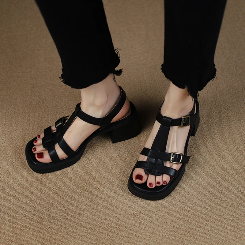 Brand Genuine Cow Leather Sandals Block Mid Heels Women Roma Sandals Square Toe Retro Buckle Sandals T Strap 2023 Trend