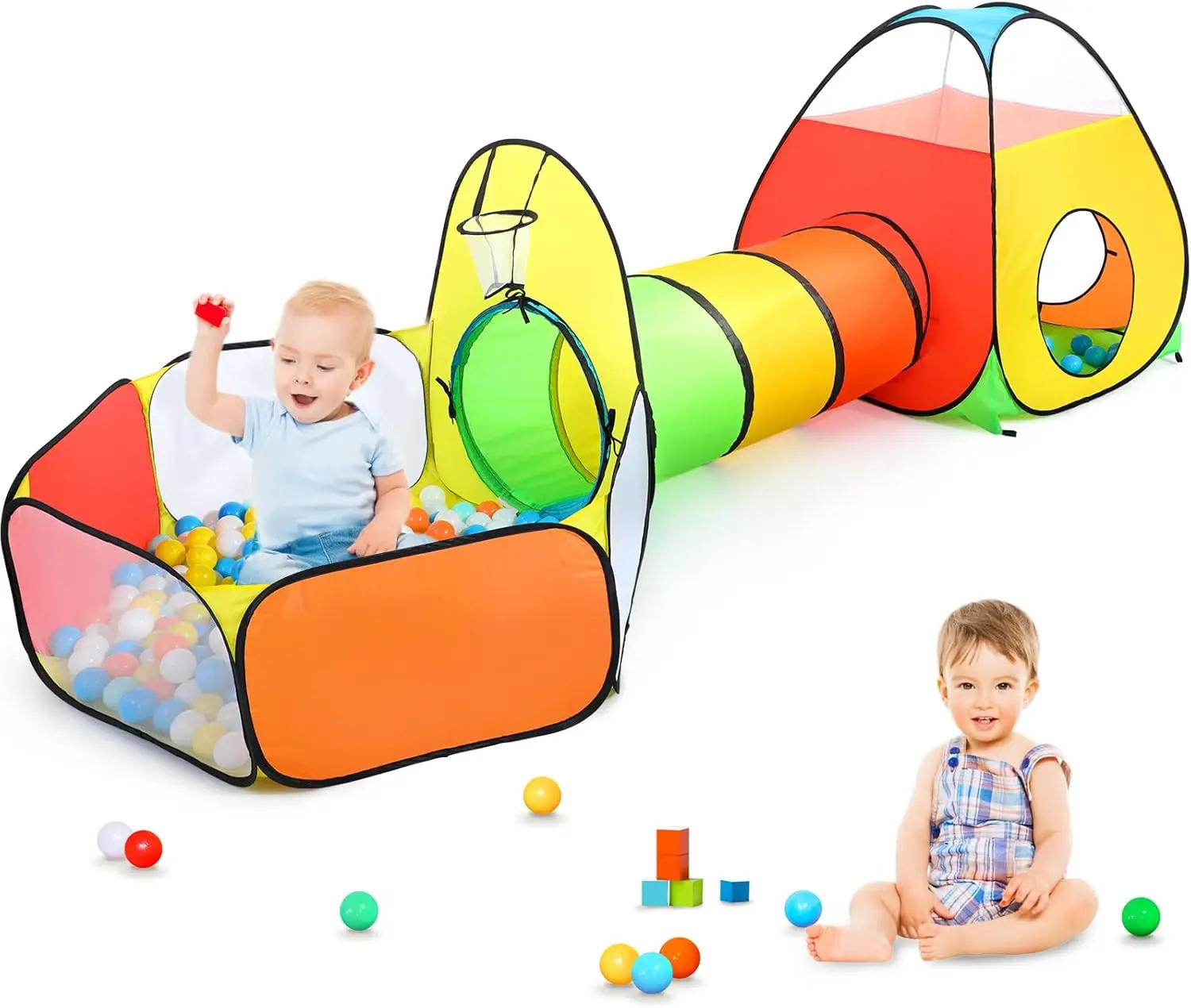 3 in 1 Kids Play Tent with Play Tunnel, Ball Pit, Basketball Hoop for Boys & Girls, Toddler Pop Up Playhouse Toy for Baby Indoor