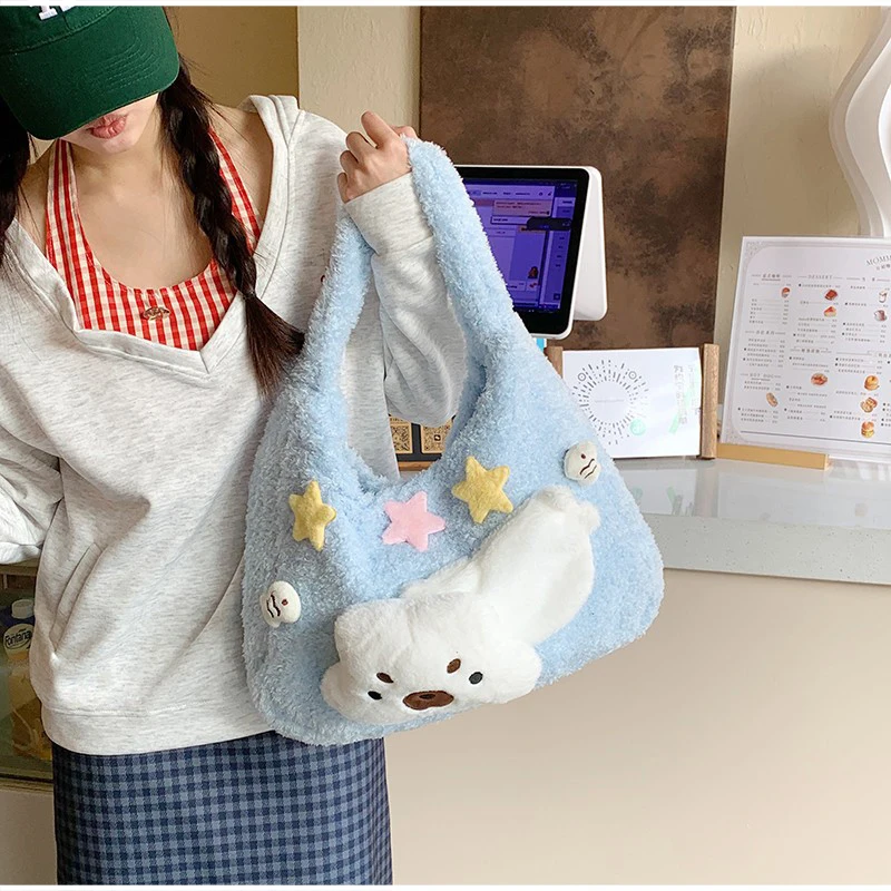 Niedliche Flauschige Bären- und Seeotter-Schultertasche, Weiche Plüsch-Handtasche für Damen, Süße Cartoon-Tier-Style-Deko für den täglichen Pendelverkehr und Reisen – Detail 12