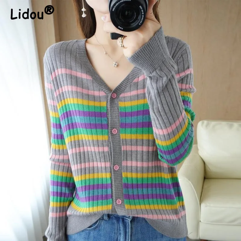 

2023 Autumn Women's New Fashion V-neck Contrast Stripe Knitted Cardigan Slim Fit Comfortable and Versatile Long Sleeve Coat