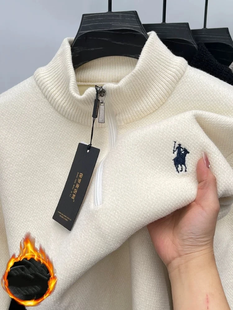 

Luxury brand zipper stand up collar sweater men casual trendy ponytail embroidery design winter new plush warm knit pullover