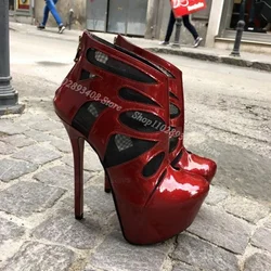 Red Splicing Net Ankle Boots Round Toe Stiletto Back Zipper Patent Leather Stylish Design for Women Boots Zapatos Para Mujere