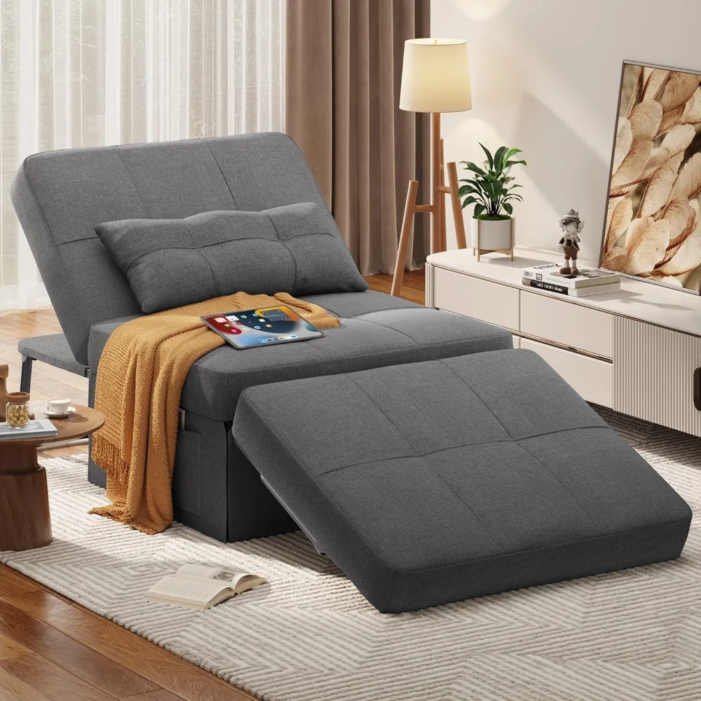 

Sleeper Chair Bed 4 in 1 Sofa Bed, Assembly-Free Folding Ottoman with Adjustable Backrest and Pillow, Modern Breathable Linen C