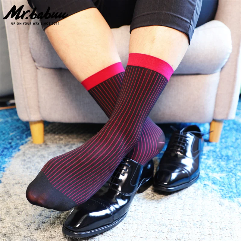 New Middle Tube with Heel Color Stripe Business Formal Wear Double Anti Hook Silk Elastic Nylon Men\'s Stockings