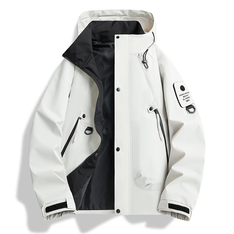 Herren Kapuzen-Windbreaker-Jacke, wasserdicht, mit Reißverschluss, Druckknopf-Armpatch-Design, mehrere Taschen, locker geschnitten, für Outdoor, Wandern, Camping, Alltag. – Detail 6