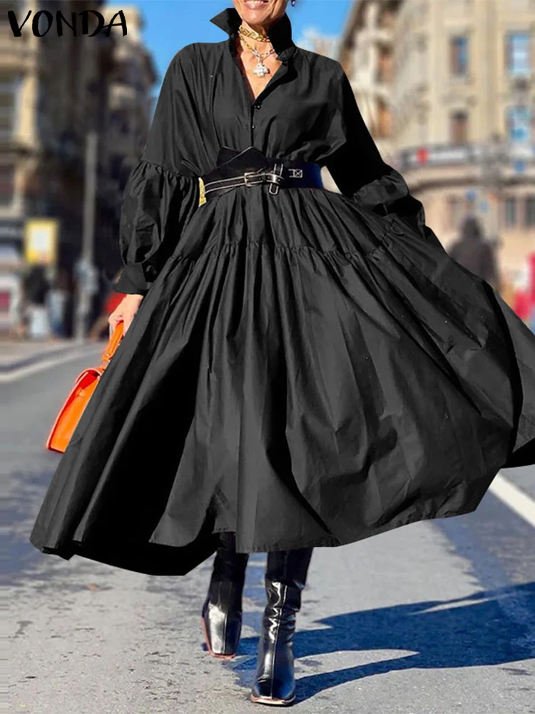 Plus Size 5XL VONDA Women Dress 2024 Casual Solid Color Elegant Ruffles Vestidos Oversized Fashion Long Sleeve Lapel Neck Robe