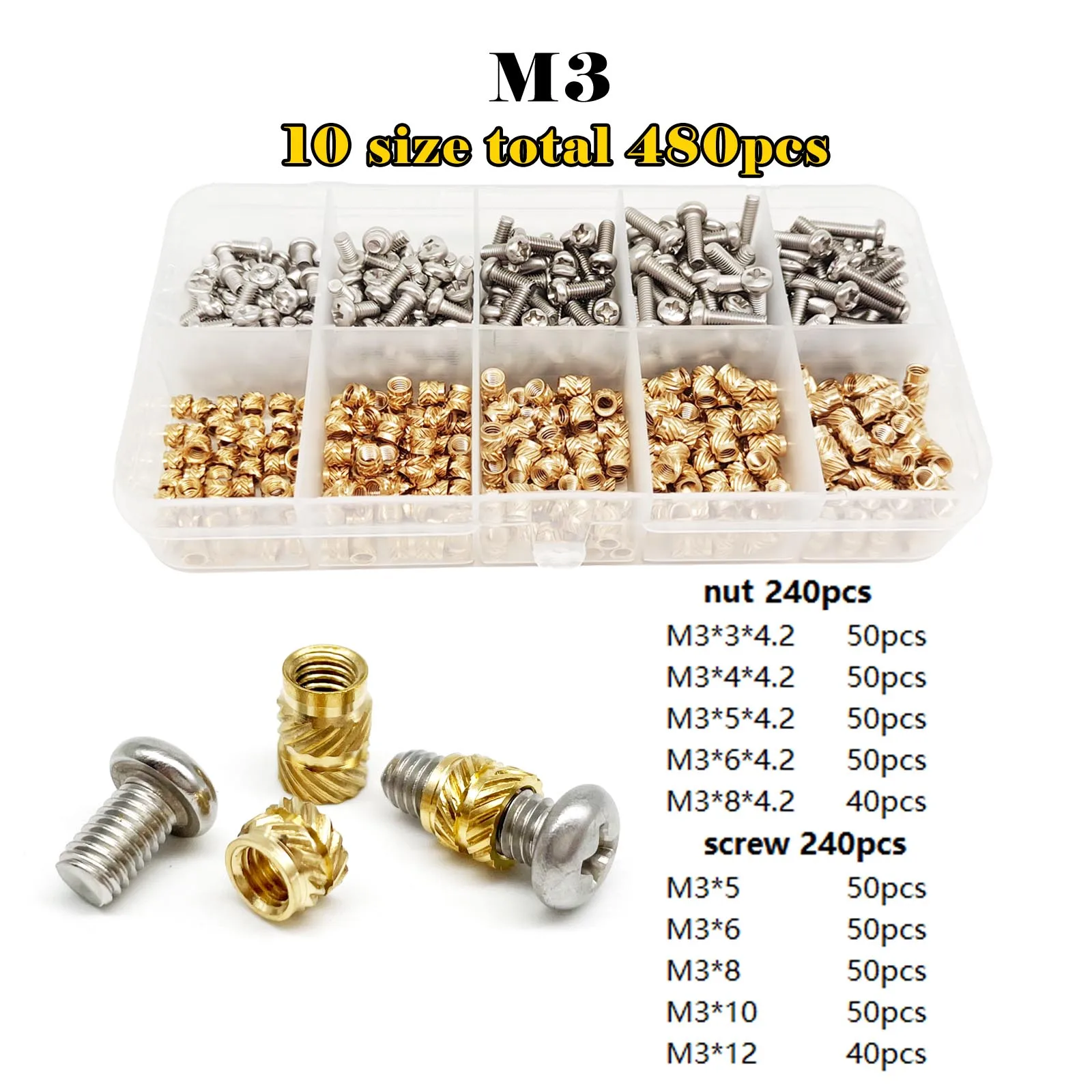 Messing Kupfer eingebettete Einsatzmutter Schraubensatz Set M1.4M1.6 M2 M2.5 M3 M4 M5 M6 für Wärmeleit-Injektion 3D-Druck-Twill-Rändelgewinde – Detail 9