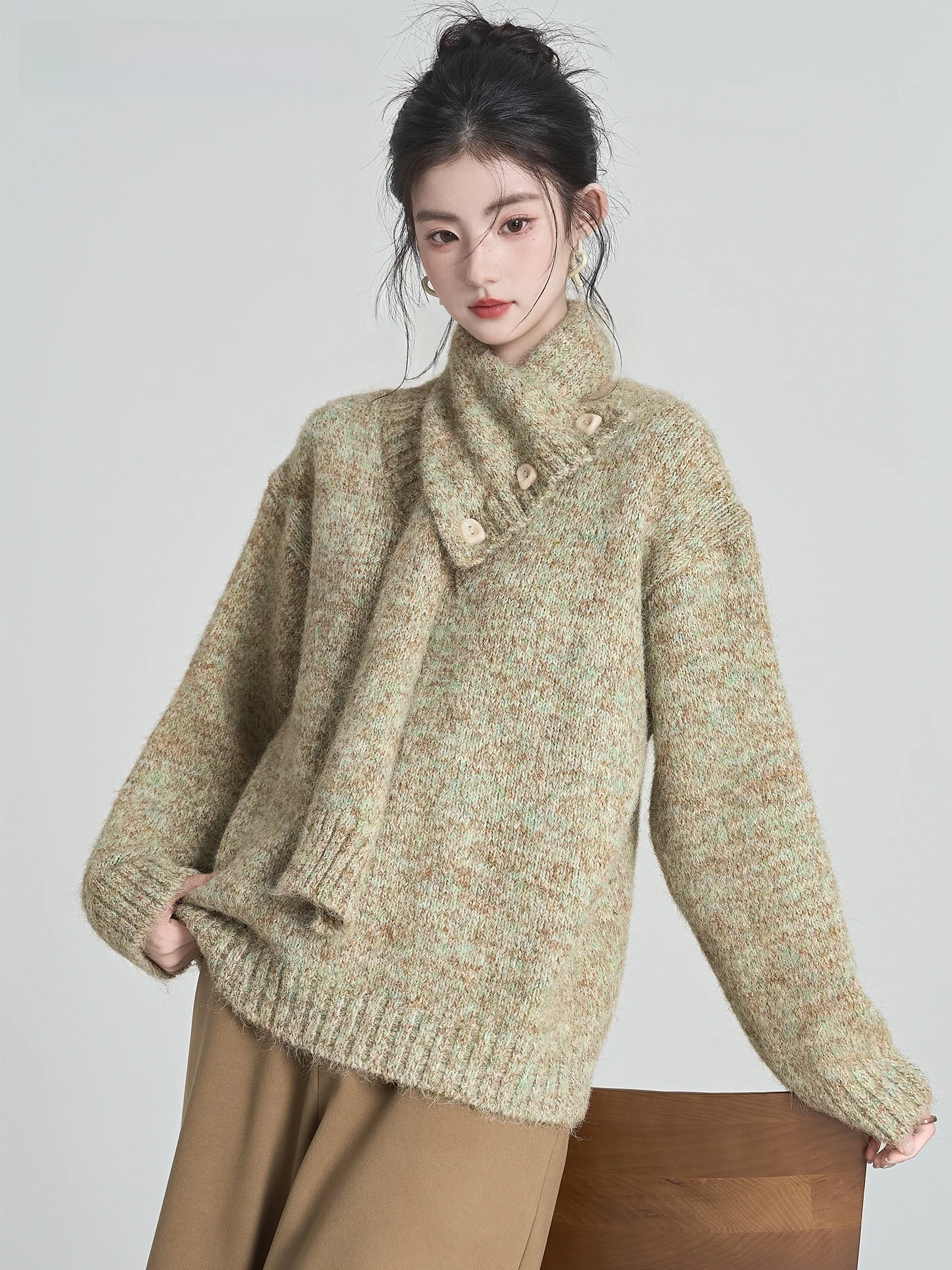 la-chapelle-レイジースタイル-スカーフネック-vネック-レディース-ニットセーター-インナーウェア-春秋新作-スリムフィット-長袖