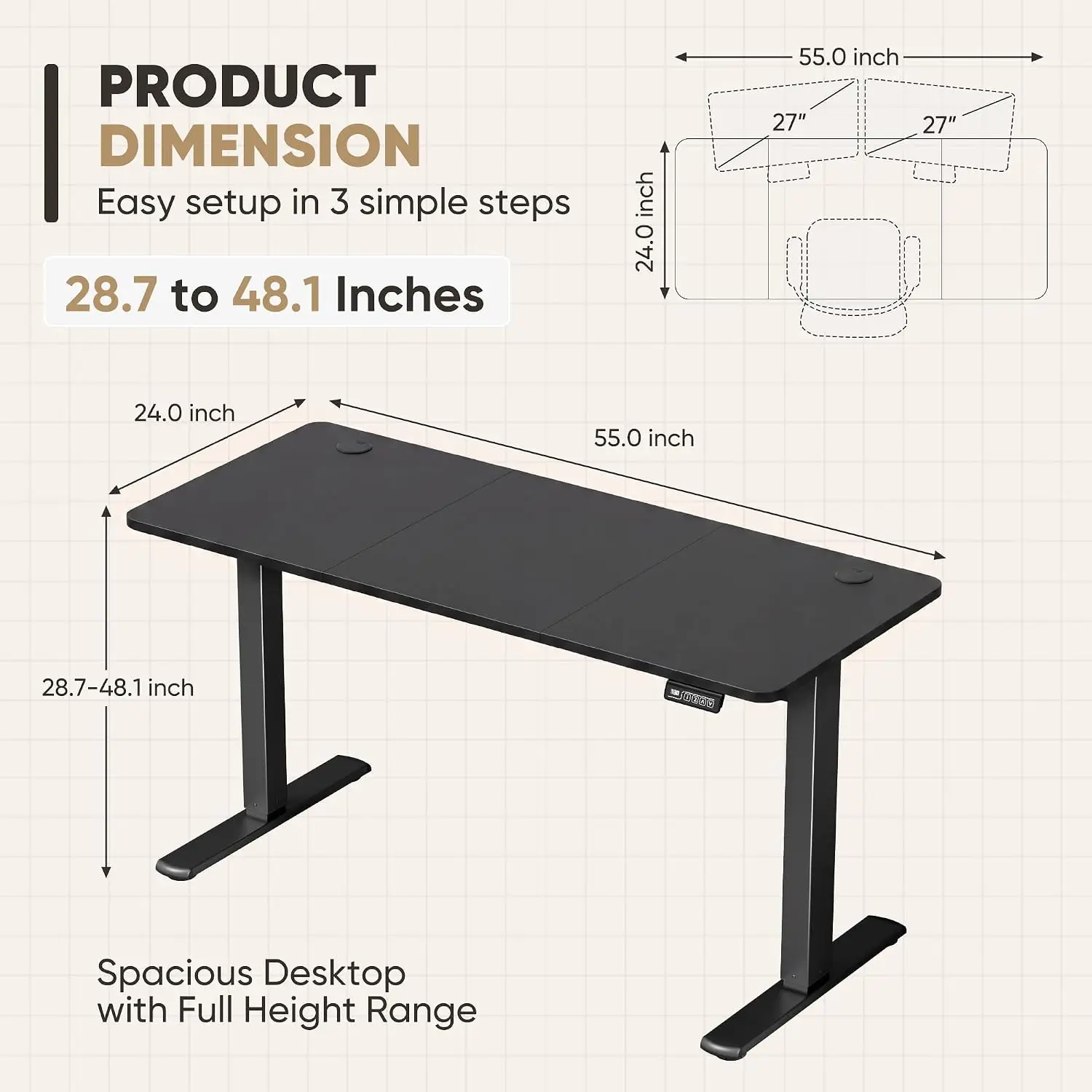 55 Inches Electric Height Adjustable Standing Desk Home Office Desk