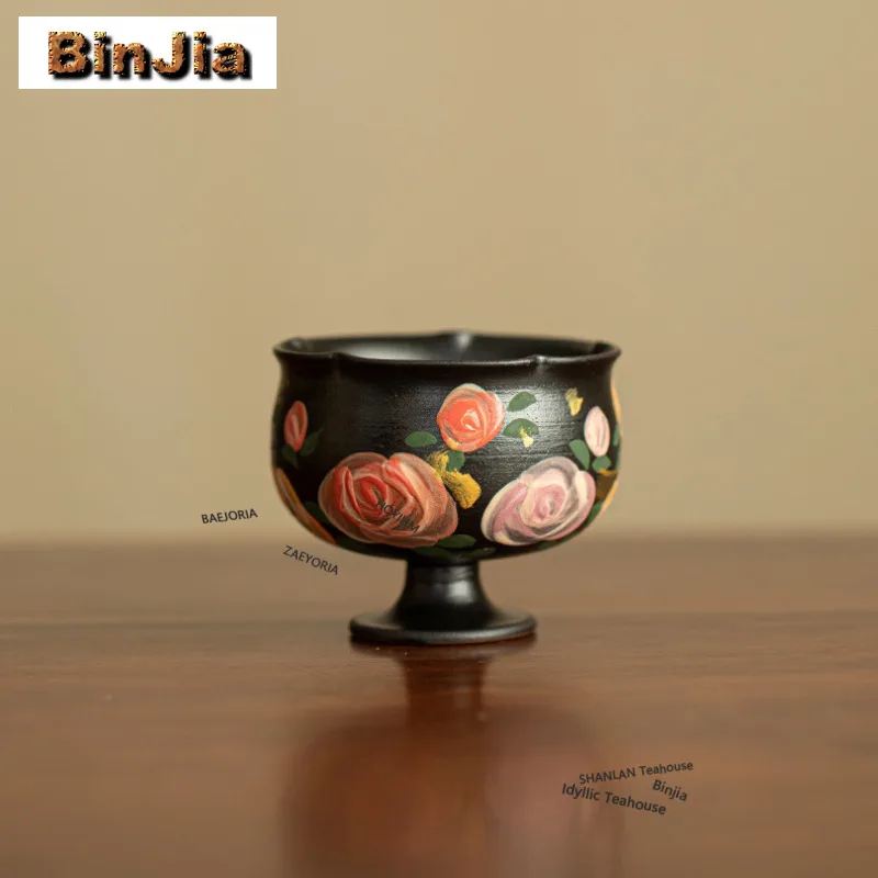 70ml-black-ceramic-hand-painted-rose-teacup-ancient-tea-bowl-sample-tea-cup-tea-tasting-smelling-cup-jianzhan-master-cups-teaset