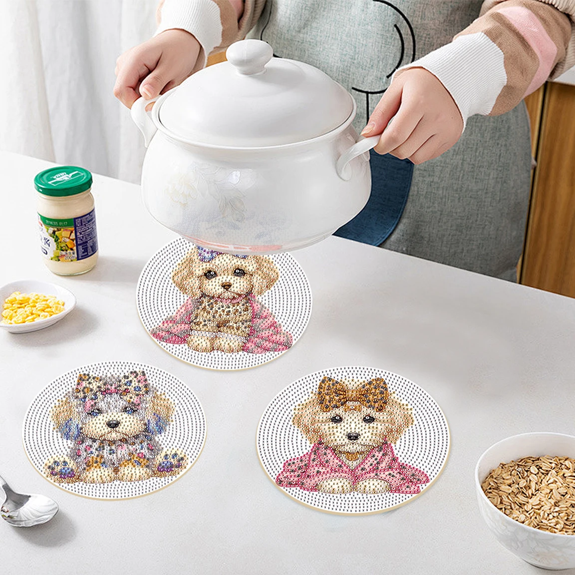3Pcs Diamond Art Painting Placemat kits,Cute puppy Diamond Round Place mats Craft Table mats Table Kitchen for Home Decor Gift