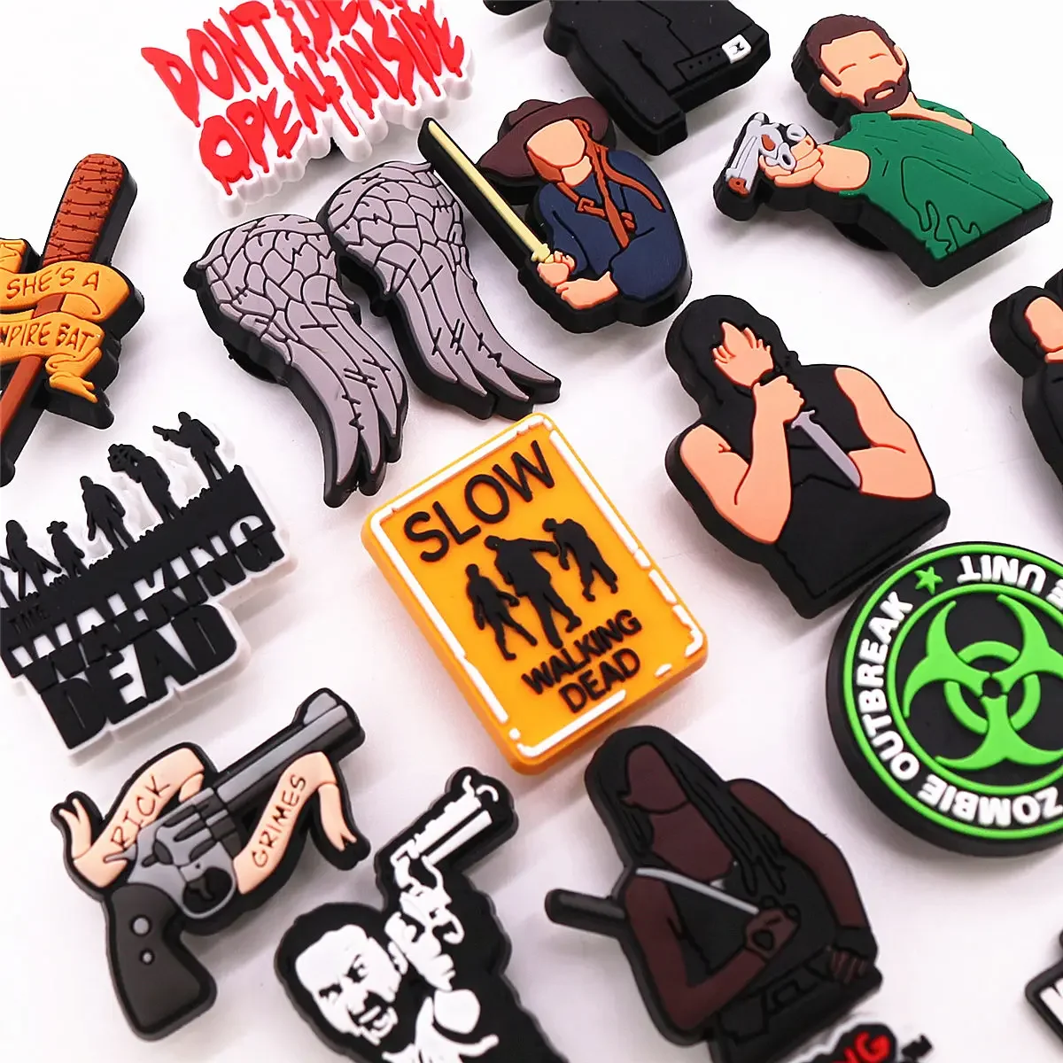 16 Pcs Set Hot TV Series Walking Dead PVC Zombie Shoe Charms Revolver Wing Shoes Decorations Accessories for Clogs Buckle Unisex