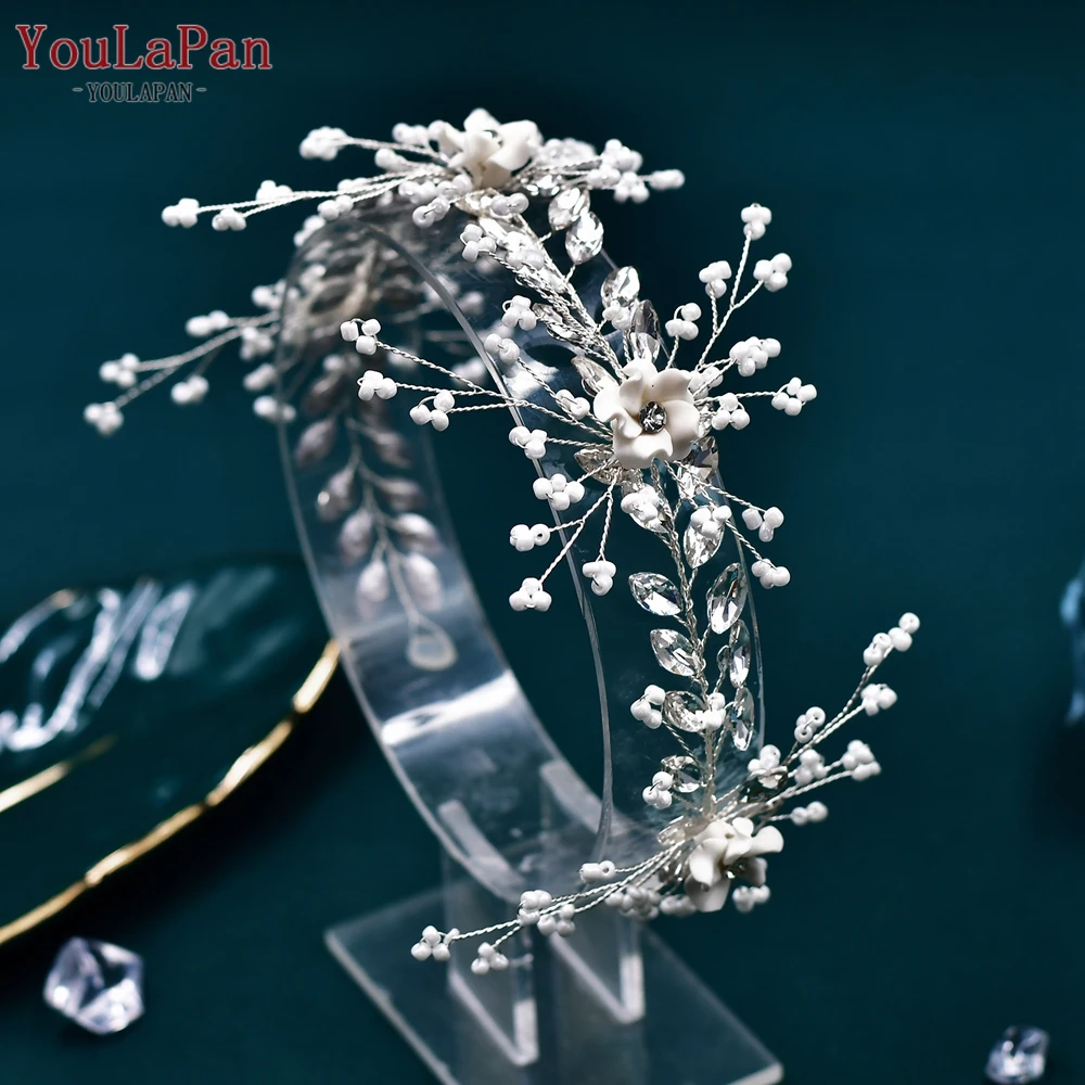 TOPQUEEN Rhinestone Flowers Headband Bridal Wedding Headwear Handmade Crystal Hair Accessories Woman Party Headwear HP602