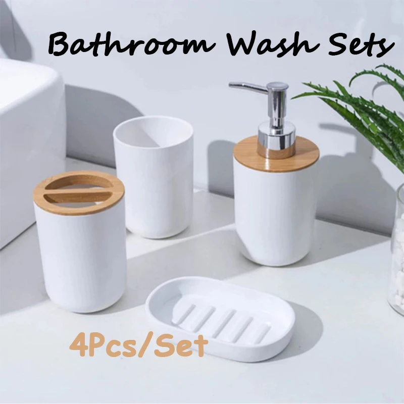 4pcs Bathroom Accessories Set Toothbrush Holder Soap Dish Tumbler Mouthwash Cup Liquid Press Bottle Set Household Wash Supplies