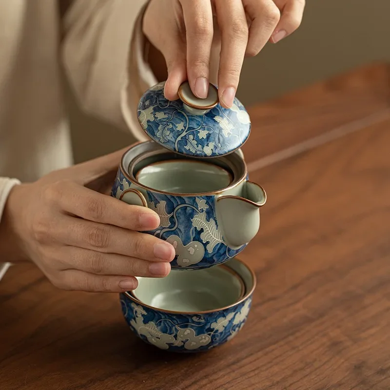 Imitation Song Ru Kiln Yuan Blue and White Teapot 1 Pot 4 Cups Travel Tea Set Ceramic Hand-held Pot Portable Outdoor Express Cup