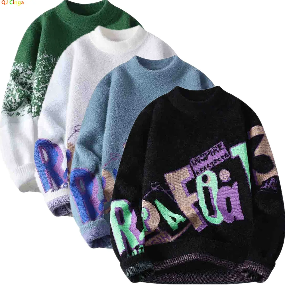 Winter Men's Black Long-Sleeve Pullover Sweater with English Letter Embroidery Asian Sizes, Available in Blue, Green, Red, White