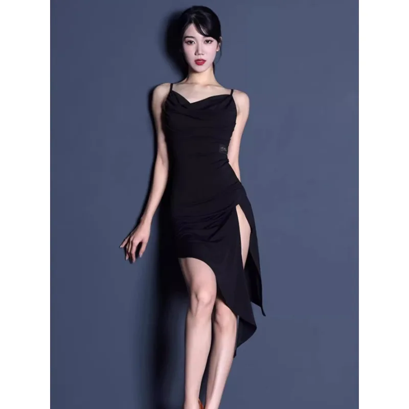 

Платье для латинских танцоров по индивидуальному заказу, камзол с открытой спиной, командная одежда для выступлений, костюм, женская одежда черного цвета