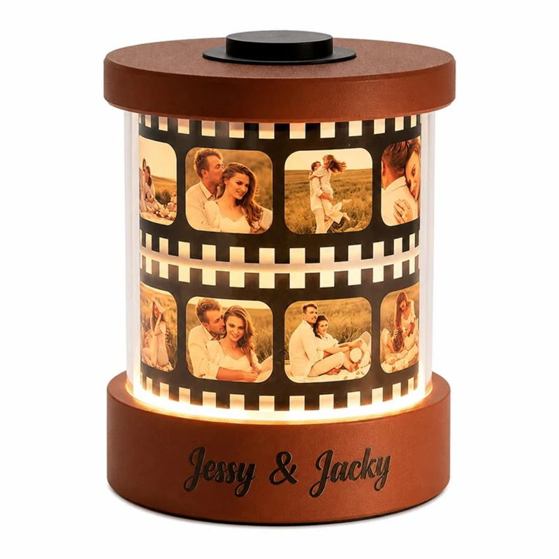 Personalized Photo Movie Night Light with Text Custom Mini Picture Frames with Text,Pictures& Music,Wooden Rotating Memory Box