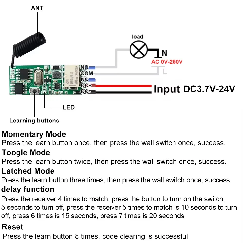 Universal Wireless Remote Control Switch 1 CH RF Relay Receiver LED Light Controller DIY Kit DC 5V 12V 24V 48V 80V 433.92MHz