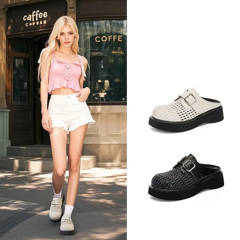 

DIMANYU Women's Slippers Summer 2025 New Woven Closed-toe Half-slippers Female Large-size Hollow woven Mule Shoes Women