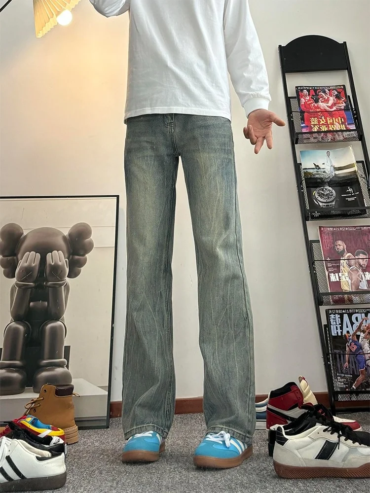 

Мужские джинсы в стиле ретро, синие с эффектом выцветания, прямые, со средней посадкой, повседневные брюки для осени и зимы, в американском стиле High Street