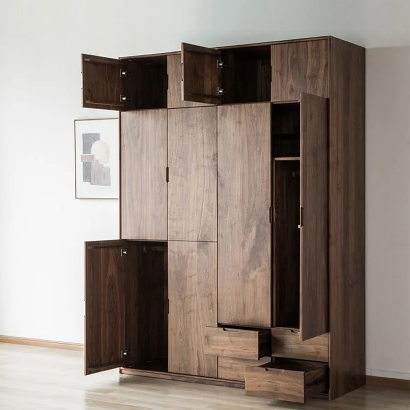 Nordic simple solid wood black walnut 2/4 door wardrobe, modern Japanese log swing door cabinet
